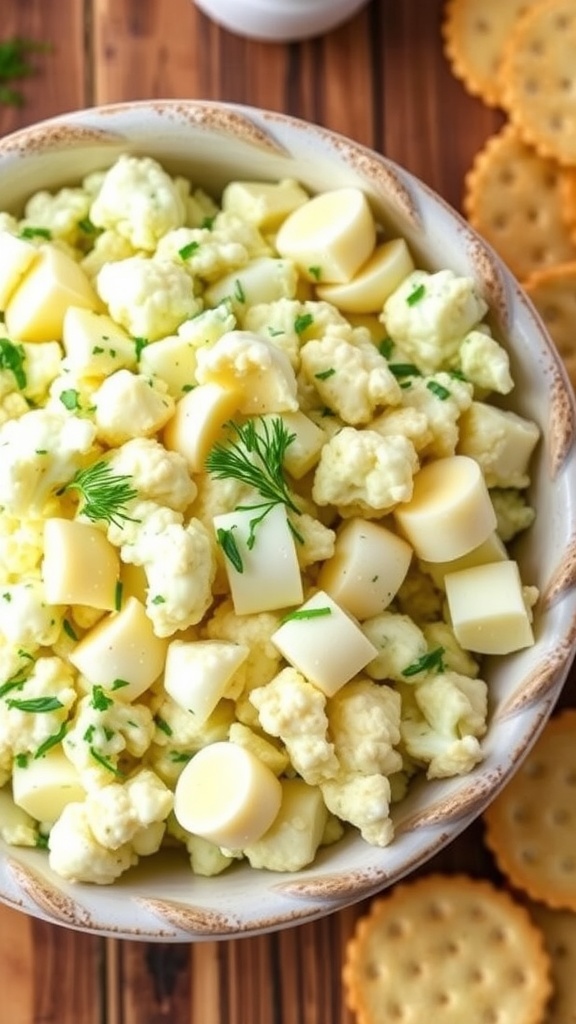A bowl of creamy cauliflower egg salad with chopped eggs and herbs, served with crackers on a wooden table.